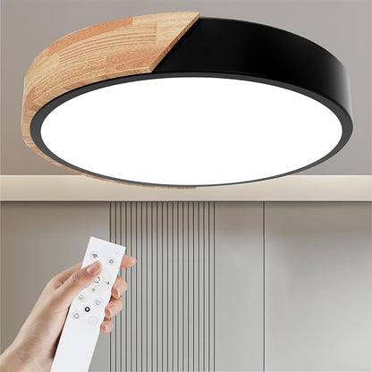 Wooden LED Ceiling Light. Dimmable Modern Fixture with Remote