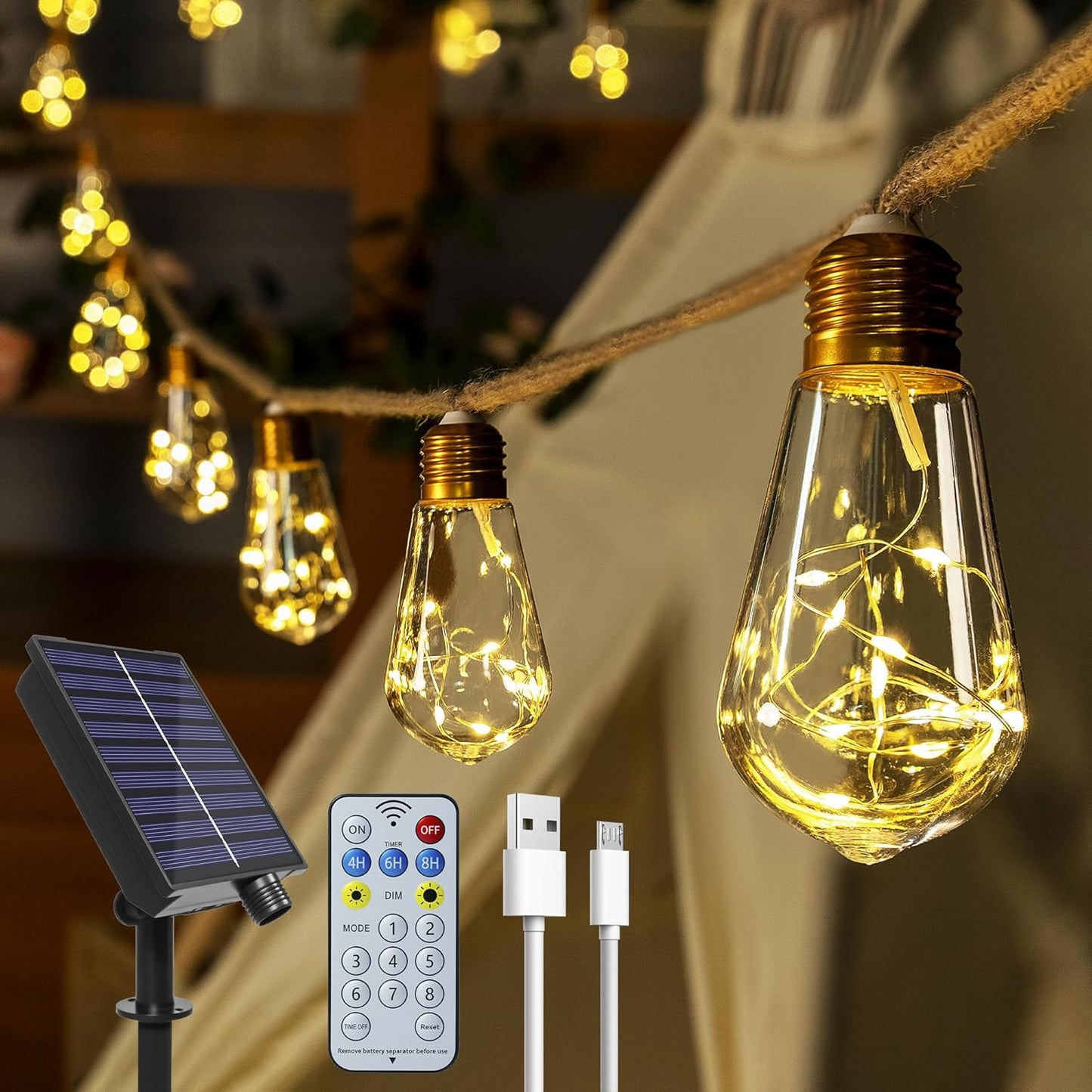 6m Solar Festoon Lights with Remote – 16 Bulbs Outdoor