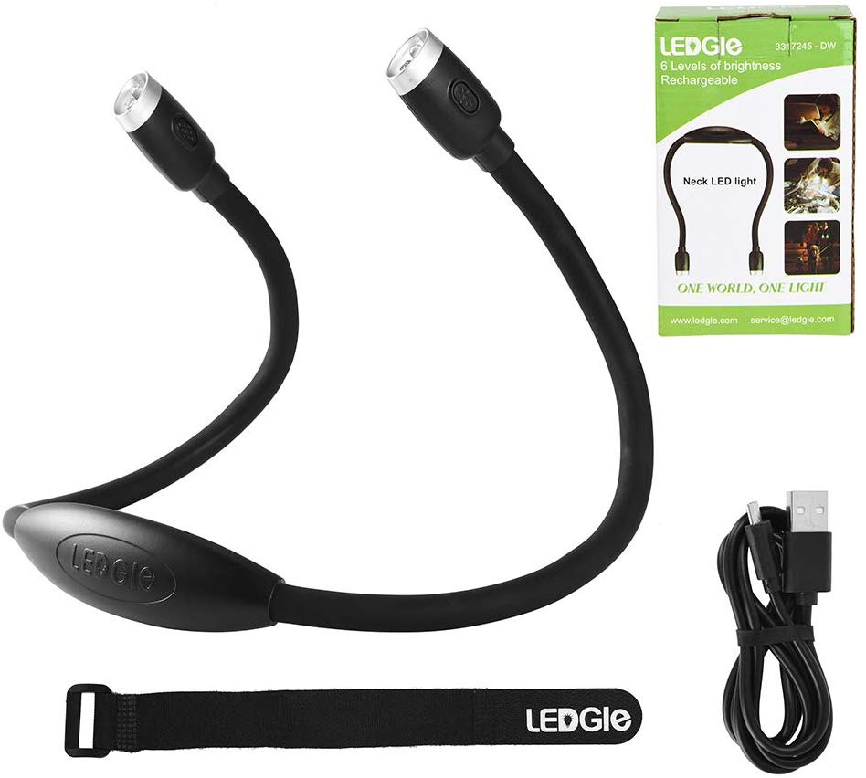 LEDGLE Updated Rechargeable LED Book Light. Hands Free. Best for Bed Reading or Read in Car. Flexible Arm. 4 Super Bright LED Bulbs. 4-Level Light Control