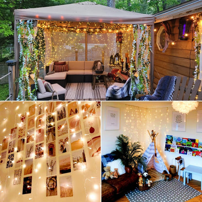 300 LED Curtain Lights – Warm White. 8 Modes