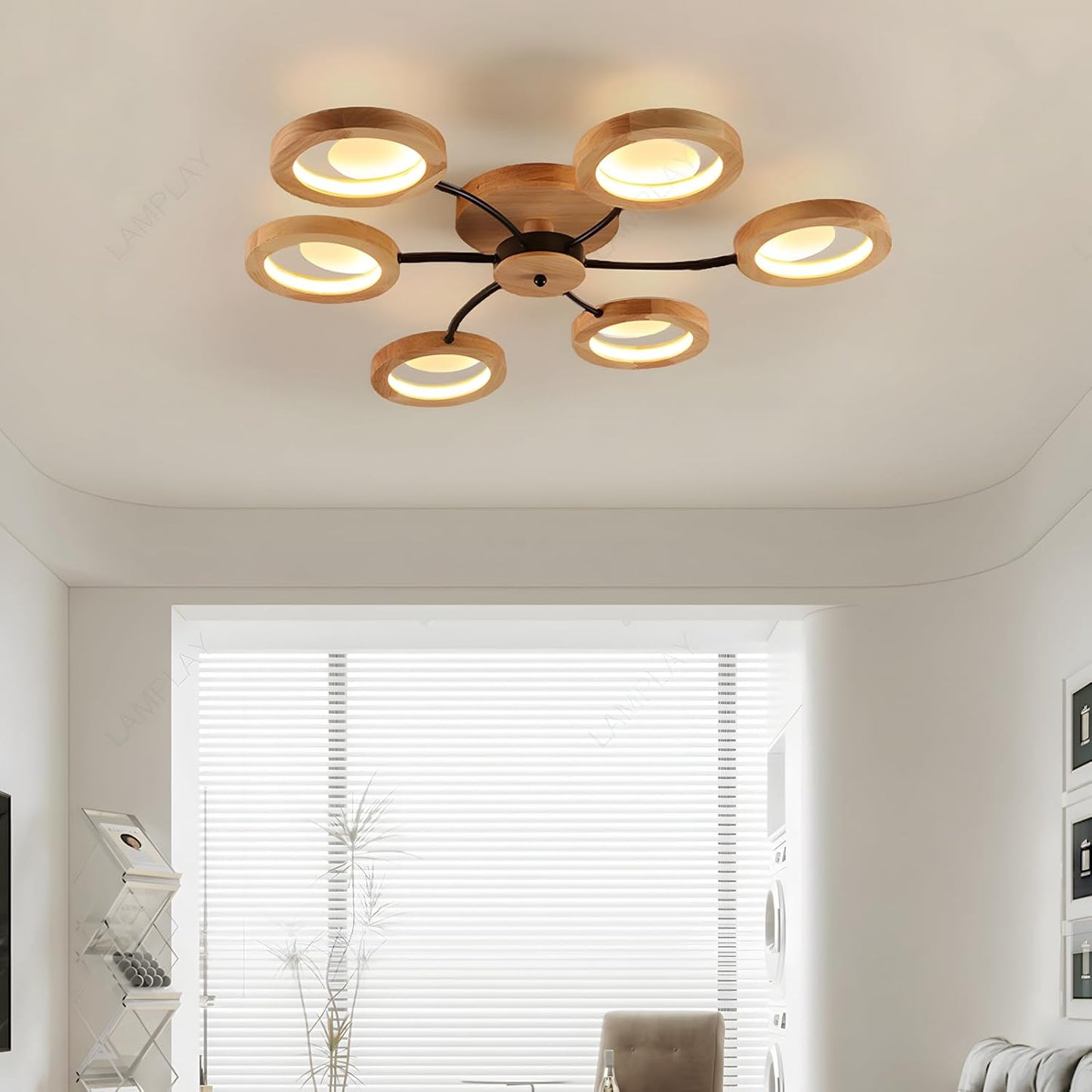 94cm LED Wooden Ceiling Light – Dimmable with Remote. Flower Design