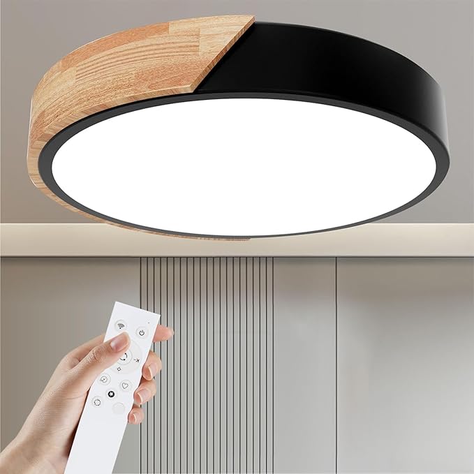 Wooden LED Ceiling Light. Dimmable Modern Fixture with Remote