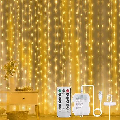 300 LED Cold White Curtain Fairy Lights with Remote