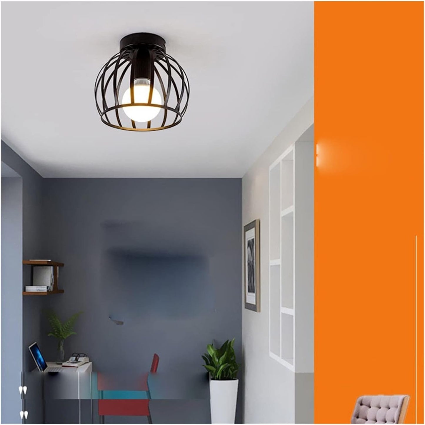 Vintage Semi Flush Ceiling Light – Black Metal Cage Fixture with E27 Holder for Living Room. Kitchen. Bedroom. or Hallway