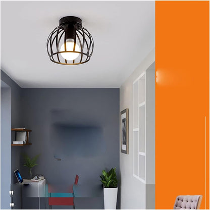 Vintage Semi Flush Ceiling Light – Black Metal Cage Fixture with E27 Holder for Living Room. Kitchen. Bedroom. or Hallway