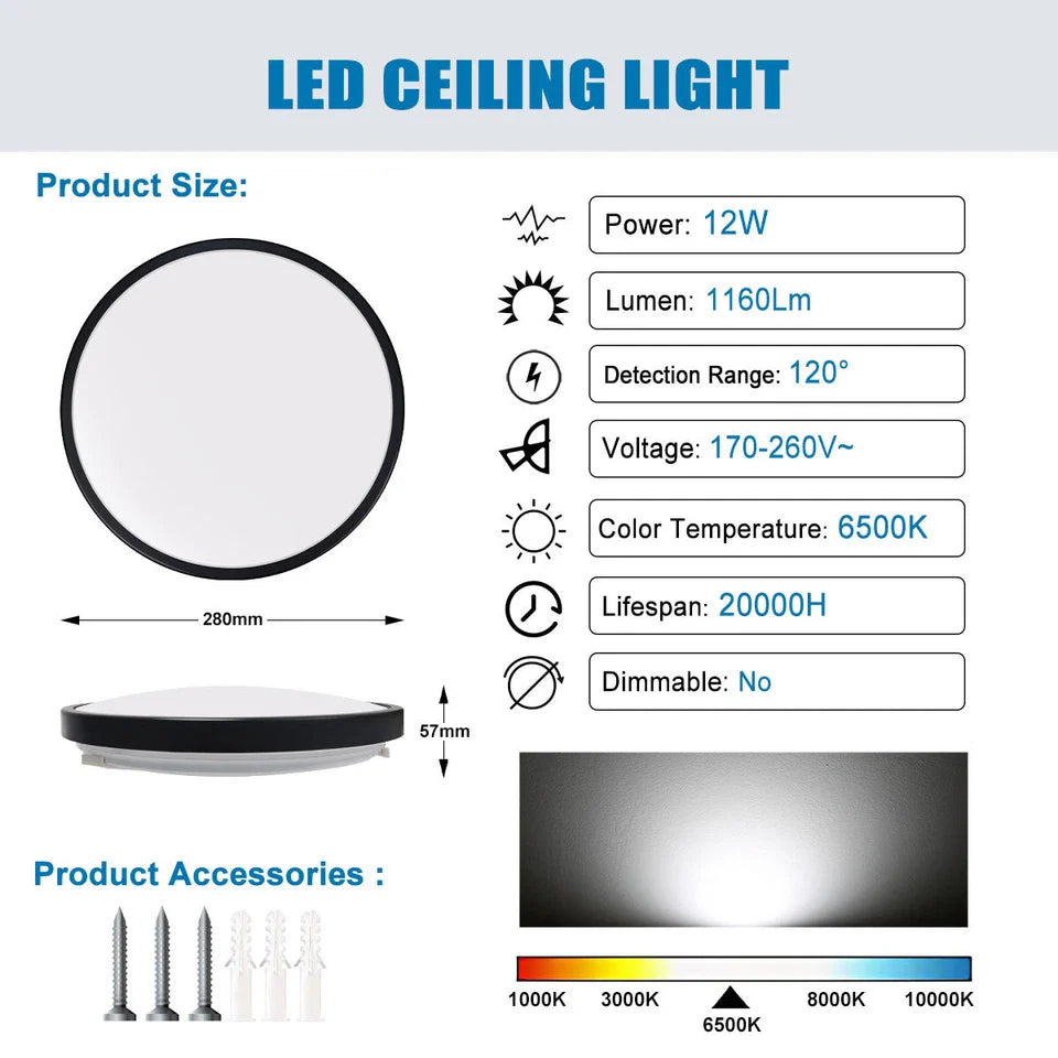 Modern Round LED Ceiling Light – 12W/18W. Waterproof. 6500K