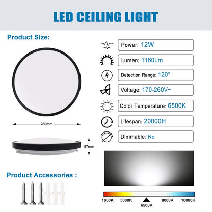 Modern Round LED Ceiling Light – 12W/18W. Waterproof. 6500K