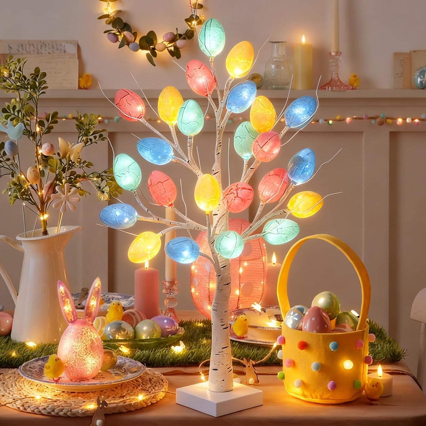 Easter Tree with Lights White Birch Twig Egg Decor Lamp Home