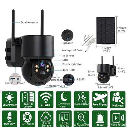 4MP PTZ Solar Camera - 2.4gHz WiFi Surveillance Outdoor IP Camera Exterior Wireless Camera Solar Power Battery iCsee APP