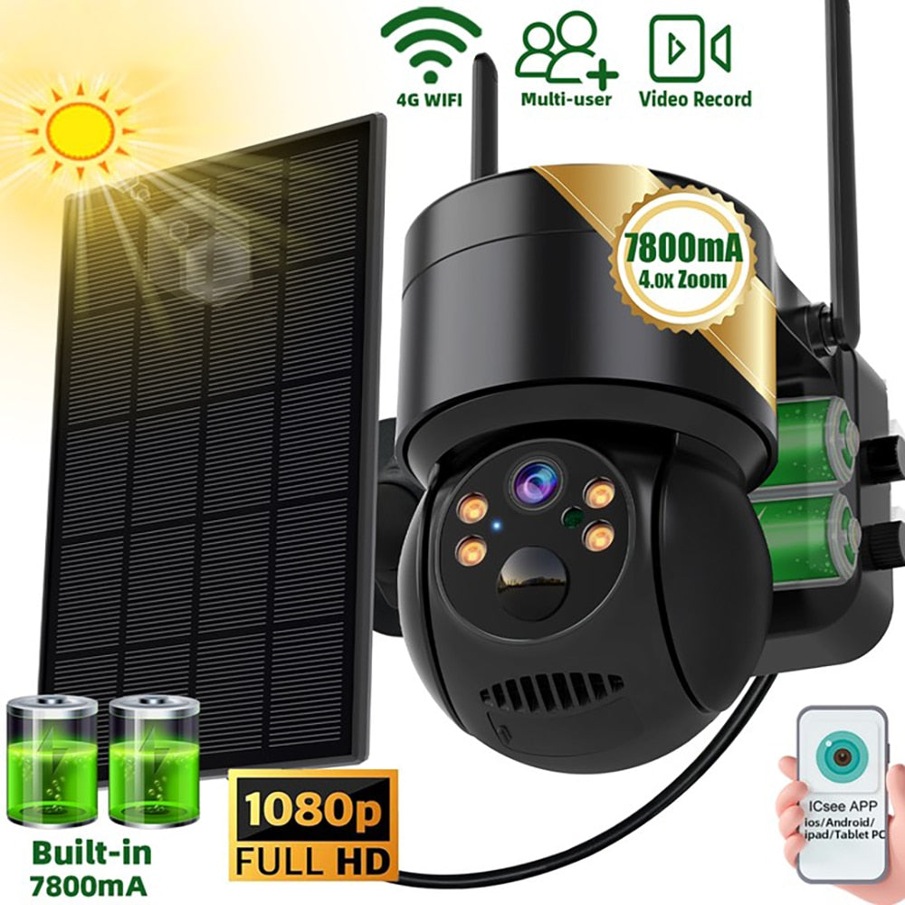 4MP PTZ Solar Camera - 2.4gHz WiFi Surveillance Outdoor IP Camera Exterior Wireless Camera Solar Power Battery iCsee APP