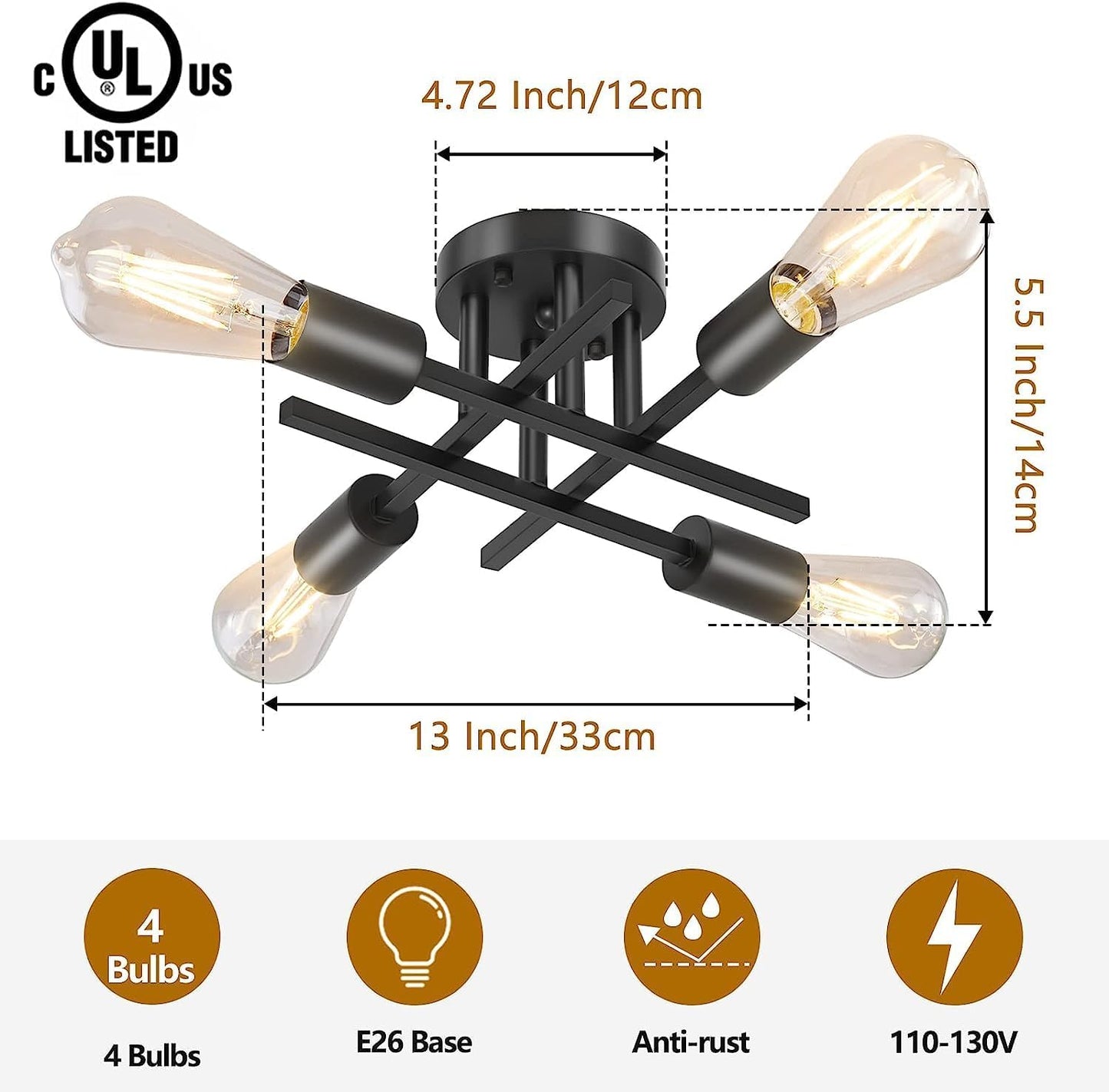 4 Light Vintage Semi-Flush Ceiling Light – Modern Black Chandelier with E27 Base for Farmhouse. Kitchen. Bedroom & Living Room