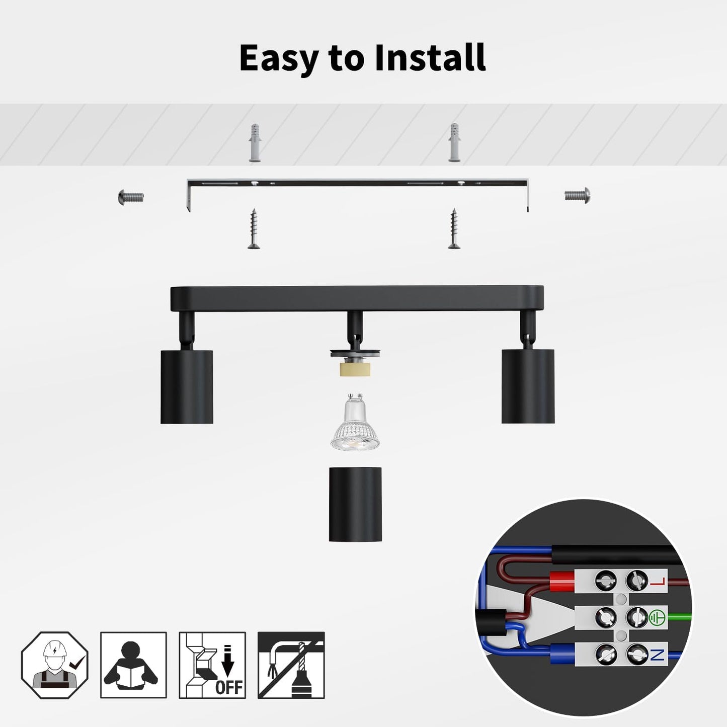 Black 3 Way Ceiling Spotlight Fitting – GU10 Rotatable Adjustable Light Fittings for Kitchen. Lounge. Bedroom (Bulb Not Included)