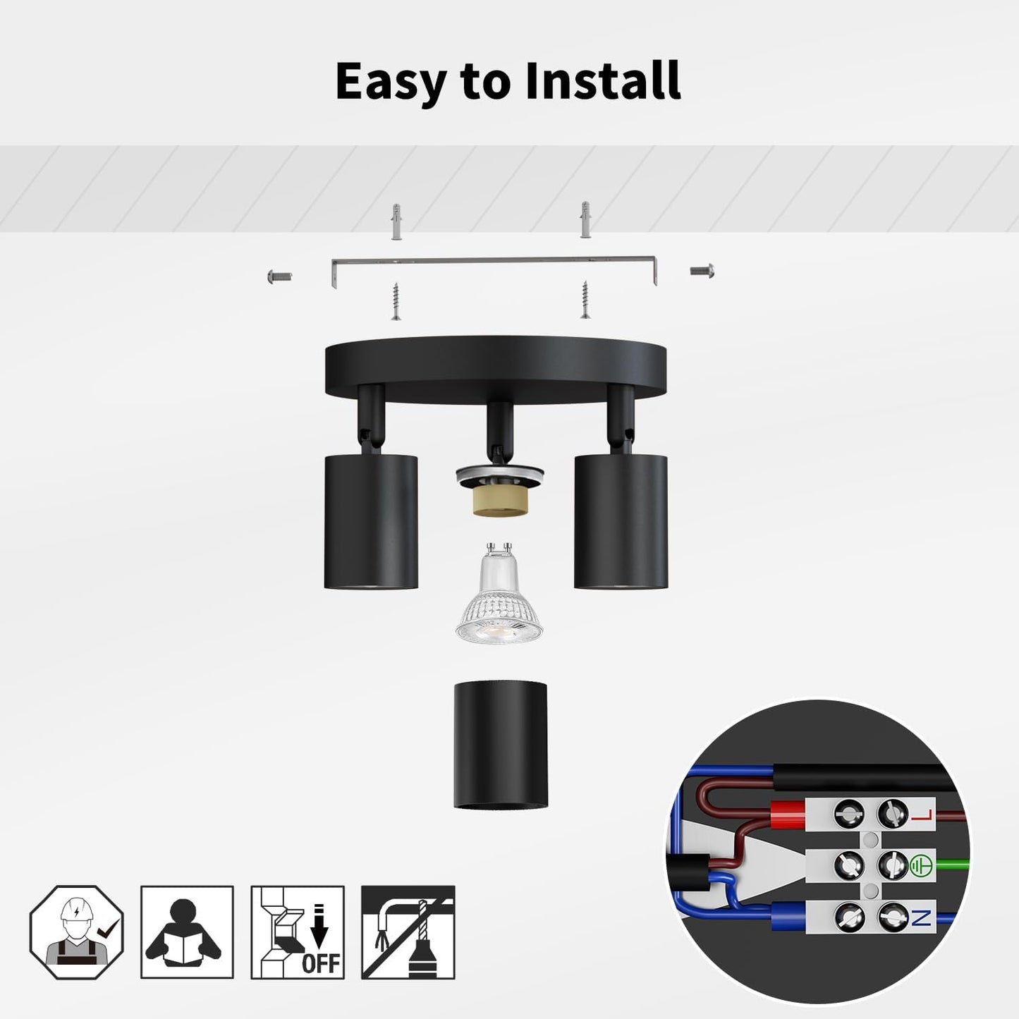 Black GU10 Circular Ceiling Light – 3 Way Adjustable Spotlight Fitting for Kitchen. Bedroom. Lounge. Dining Room (Bulb Not Included)