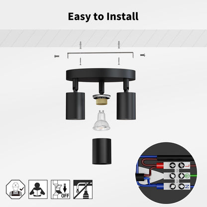 Black GU10 Circular Ceiling Light – 3 Way Adjustable Spotlight Fitting for Kitchen. Bedroom. Lounge. Dining Room (Bulb Not Included)