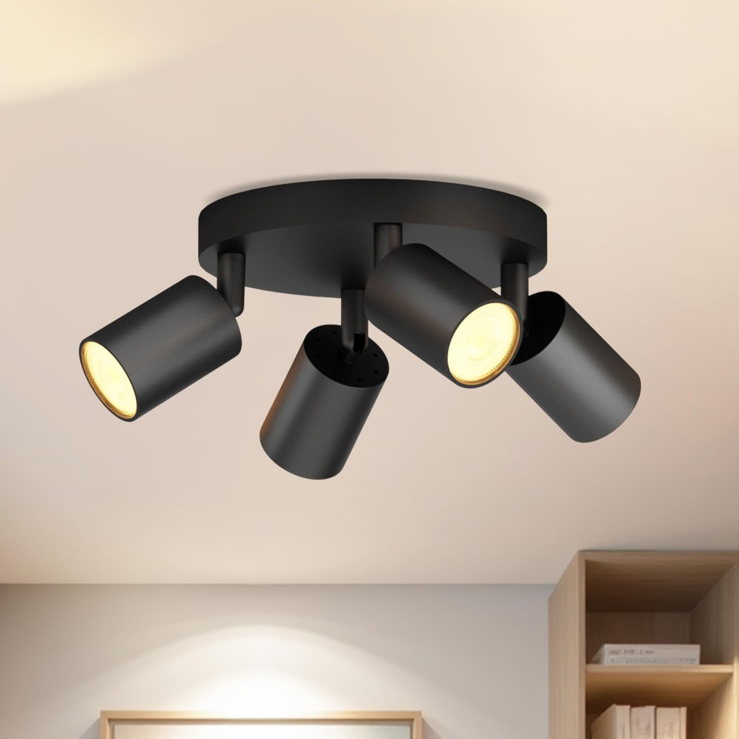 Black GU10 Circular Ceiling Light – 4 Way Adjustable Spotlight Fitting for Kitchen. Bedroom. Lounge. Dining Room (Bulb Not Included)