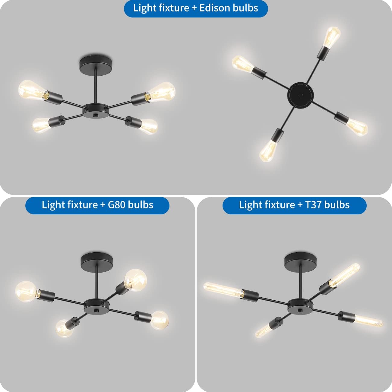 Black Sputnik Ceiling Light – 4 Way Flush Mount Chandelier with E27 Lamp Holders – Modern Metal Ceiling Fixture
