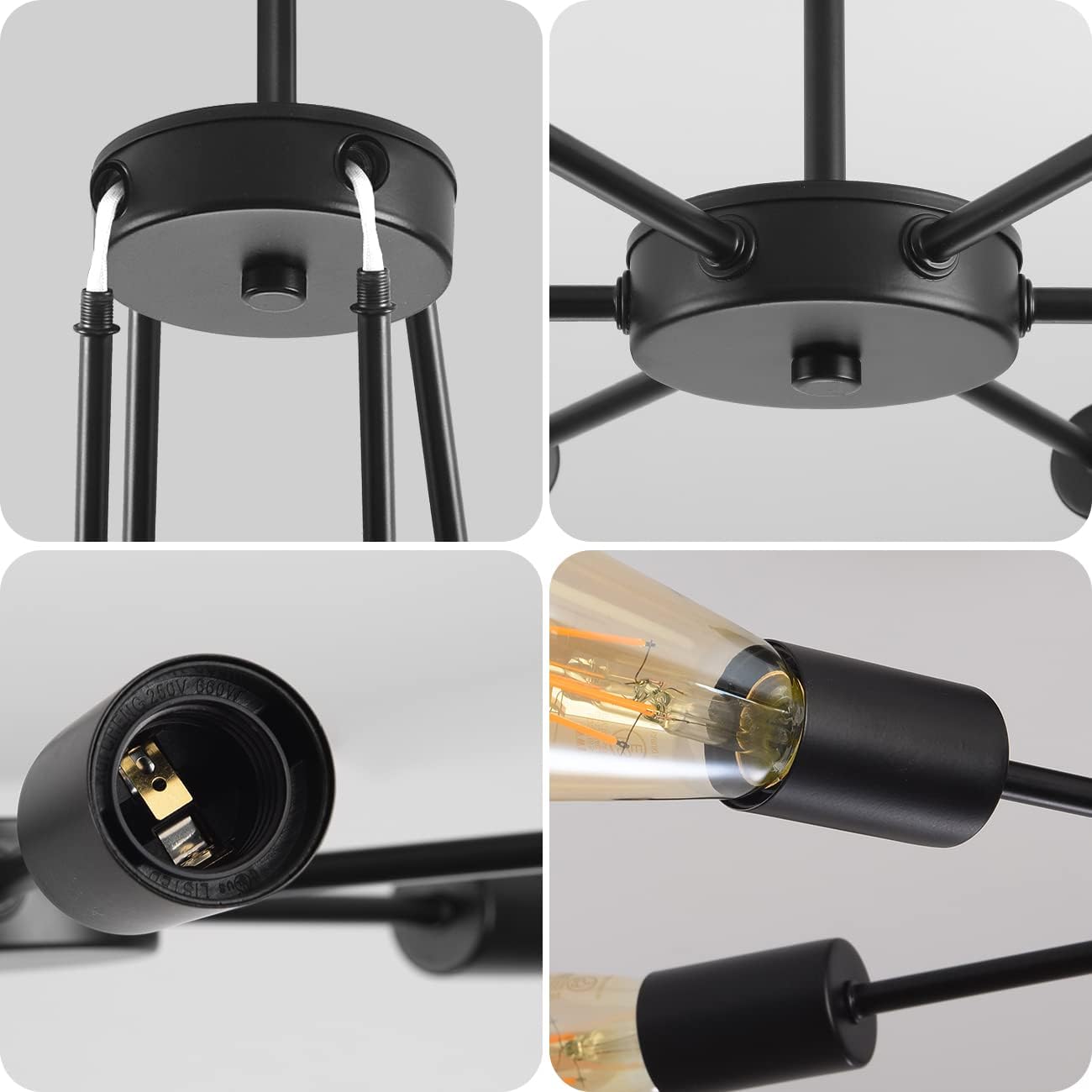 Black Sputnik Ceiling Light – 4 Way Flush Mount Chandelier with E27 Lamp Holders – Modern Metal Ceiling Fixture