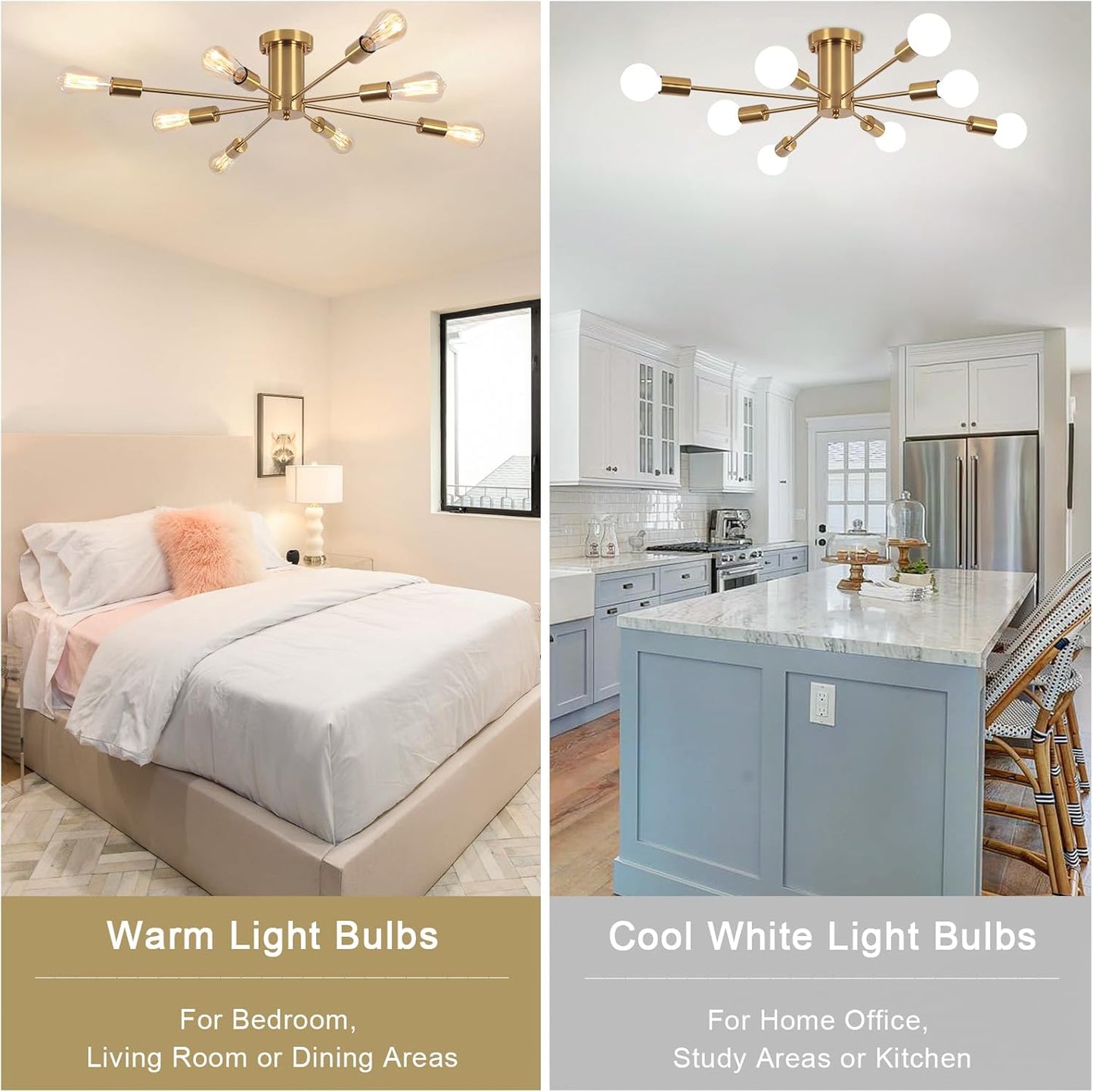 Sputnik Ceiling Light – 8-Light Gold Semi Flush Mount Chandelier. Modern Industrial Ceiling Fixture for Living Room. Bedroom & Kitchen