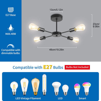 Black Sputnik Ceiling Light – 4 Way Flush Mount Chandelier with E27 Lamp Holders – Modern Metal Ceiling Fixture