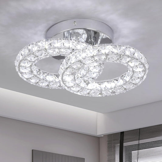 Crystal LED Ceiling Light Fixture. Modern 2-Ring Flush Mount Chandelier