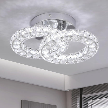Crystal LED Ceiling Light Fixture. Modern 2-Ring Flush Mount Chandelier