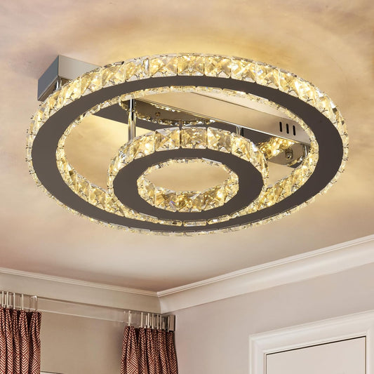 Crystal Ceiling Light – Modern LED Chandelier Flush Mount. K9 Glass Pendant. 15W. 3 Color Modes for Bedroom. Living Room. Kitchen