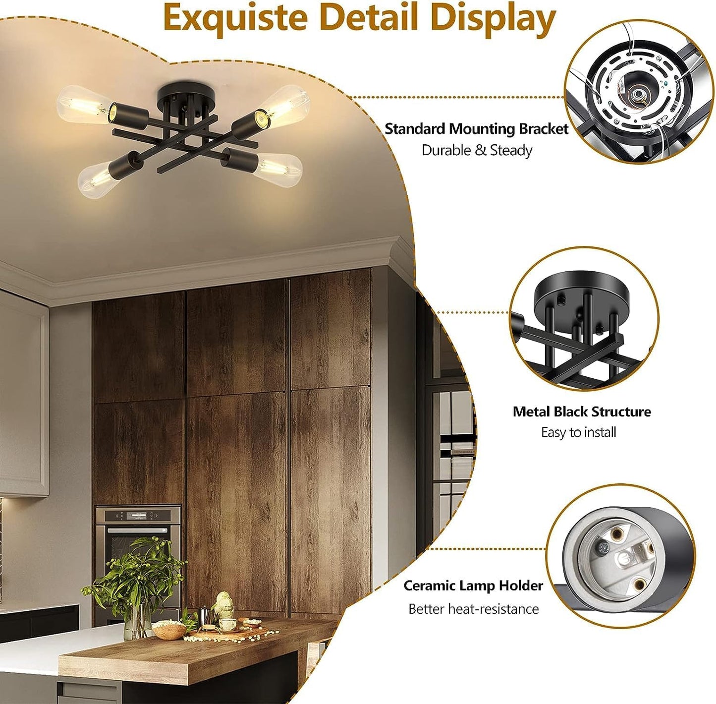 4 Light Vintage Semi-Flush Ceiling Light – Modern Black Chandelier with E27 Base for Farmhouse. Kitchen. Bedroom & Living Room