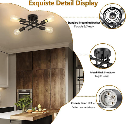 4 Light Vintage Semi-Flush Ceiling Light – Modern Black Chandelier with E27 Base for Farmhouse. Kitchen. Bedroom & Living Room