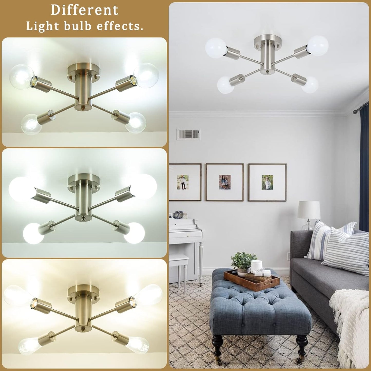 Sputnik Ceiling Light – 4-Light Chrome Semi Flush Modern Industrial Chandelier for Living Room. Kitchen. Bedroom & Dining Room