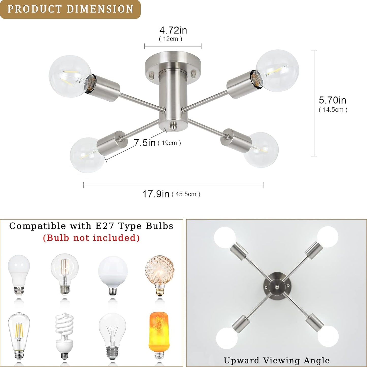 Sputnik Ceiling Light – 4-Light Chrome Semi Flush Modern Industrial Chandelier for Living Room. Kitchen. Bedroom & Dining Room