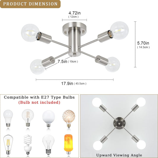 Sputnik Ceiling Light – 4-Light Chrome Semi Flush Modern Industrial Chandelier for Living Room. Kitchen. Bedroom & Dining Room