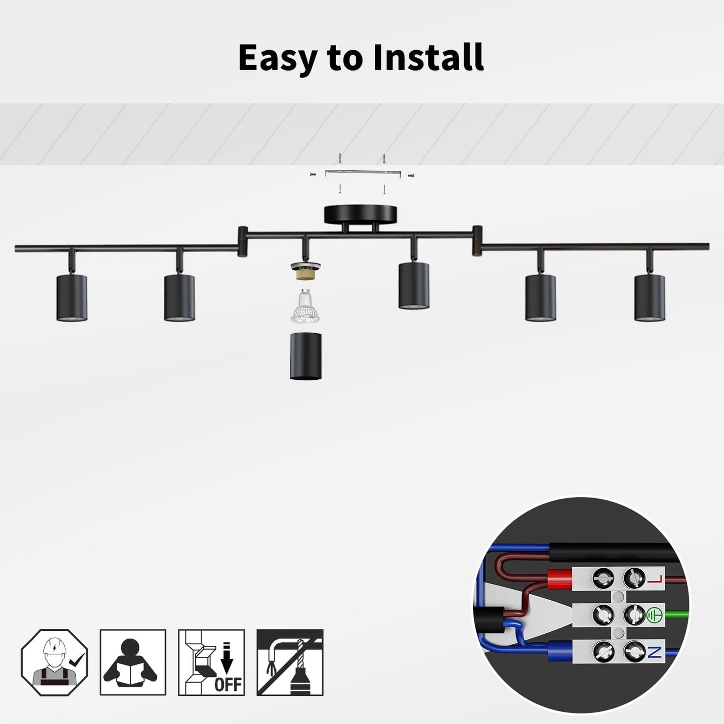 Black Ceiling Light – 6 Way Adjustable GU10 Spotlights. Modern Ceiling Lights for Kitchen. Living Room. Bedroom. Hallway (No Bulb)