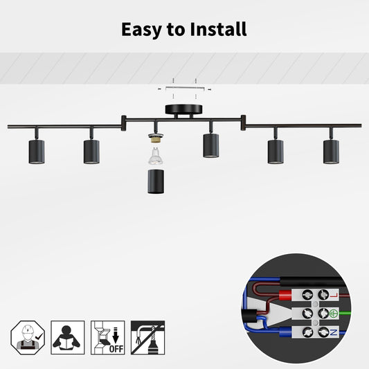Black Ceiling Light – 6 Way Adjustable GU10 Spotlights. Modern Ceiling Lights for Kitchen. Living Room. Bedroom. Hallway (No Bulb)