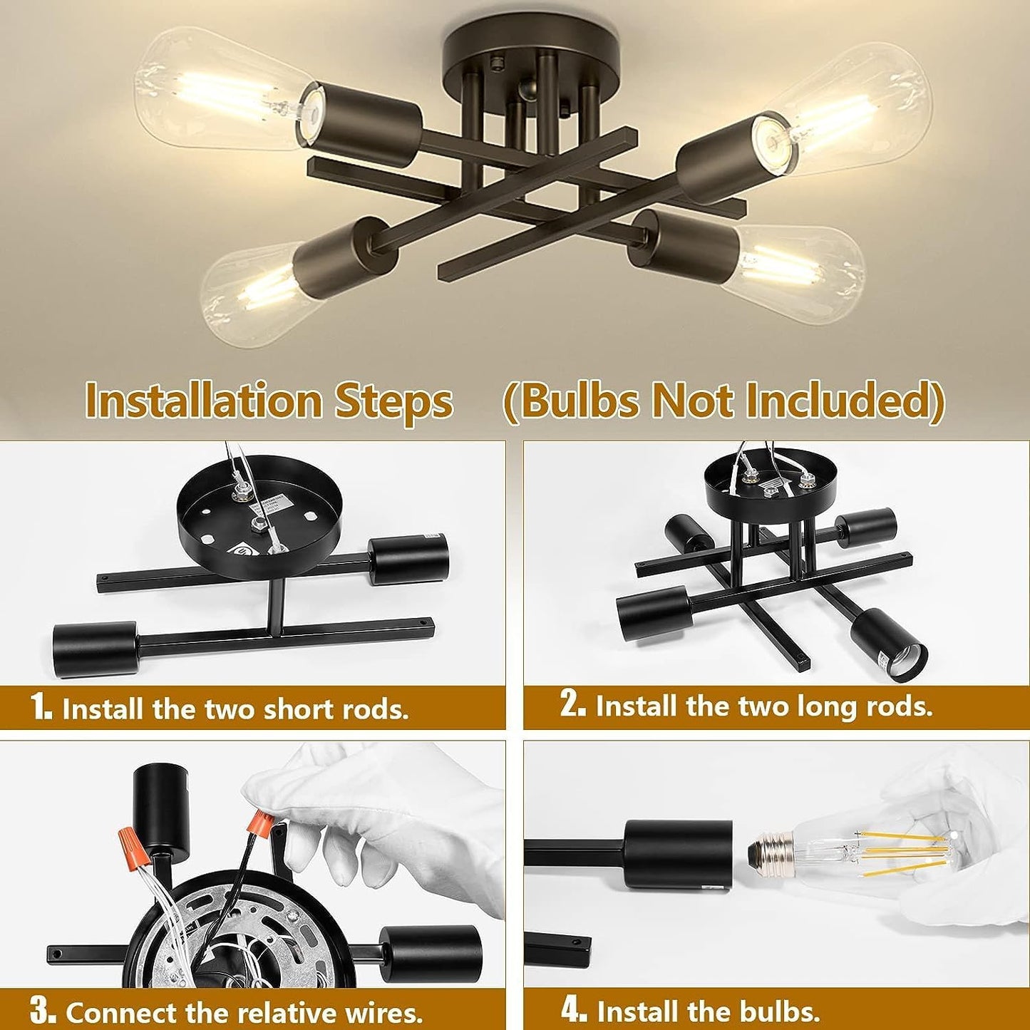 4 Light Vintage Semi-Flush Ceiling Light – Modern Black Chandelier with E27 Base for Farmhouse. Kitchen. Bedroom & Living Room