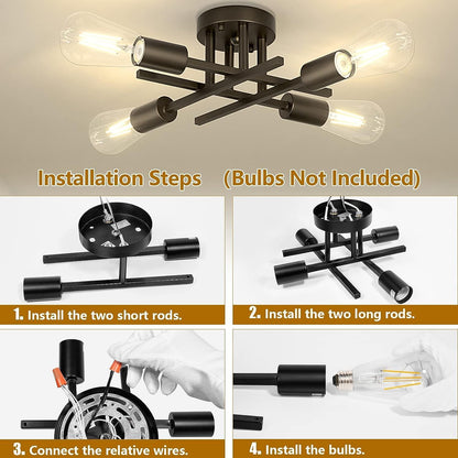 4 Light Vintage Semi-Flush Ceiling Light – Modern Black Chandelier with E27 Base for Farmhouse. Kitchen. Bedroom & Living Room