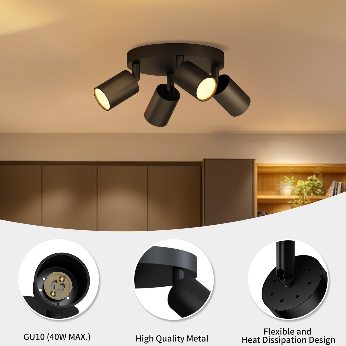 Black GU10 Circular Ceiling Light – 4 Way Adjustable Spotlight Fitting for Kitchen. Bedroom. Lounge. Dining Room (Bulb Not Included)