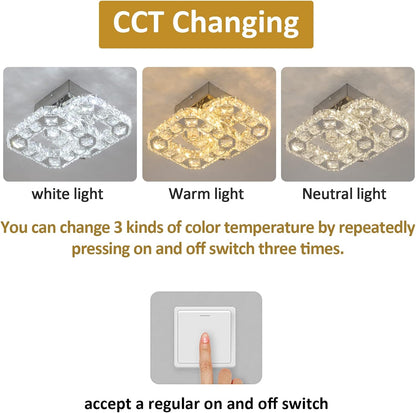 Crystal LED Ceiling Light Fixture. Square Flush Mount 3-Color Chandelier for Bedroom. Kitchen. Hallway