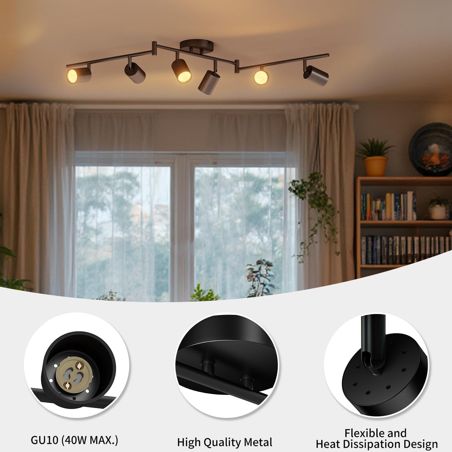 Black Ceiling Light – 6 Way Adjustable GU10 Spotlights. Modern Ceiling Lights for Kitchen. Living Room. Bedroom. Hallway (No Bulb)