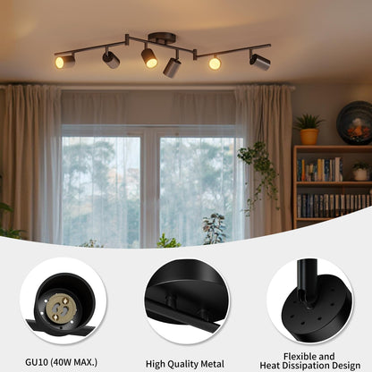 Black Ceiling Light – 6 Way Adjustable GU10 Spotlights. Modern Ceiling Lights for Kitchen. Living Room. Bedroom. Hallway (No Bulb)