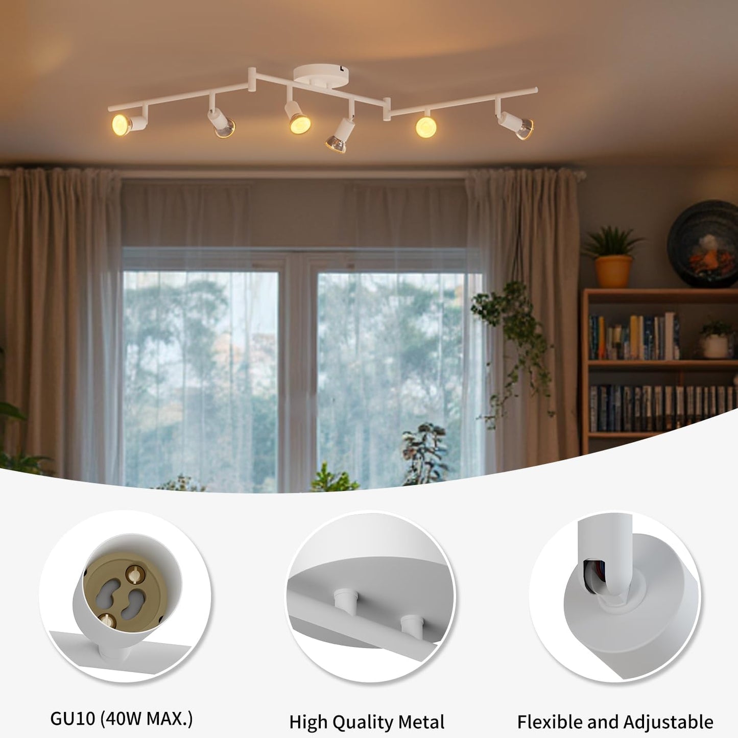 6 Way Rotatable Ceiling Spotlight – Modern GU10 Black Ceiling Light Fitting for Kitchen. Living Room. Bedroom. Dining (No Bulbs)