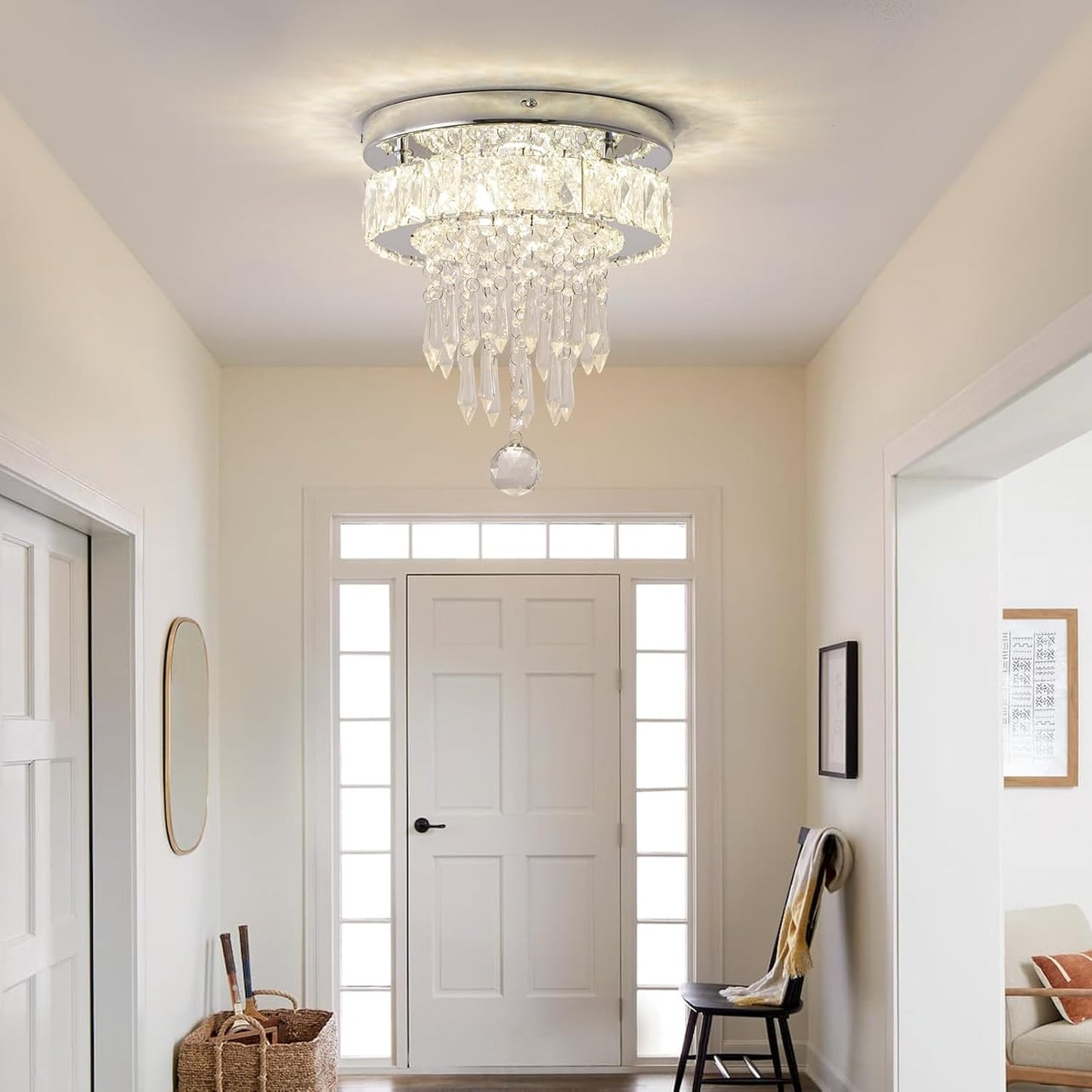 Modern Crystal Ceiling Chandelier 9.8 LED Flush Mount Dimmable Light
