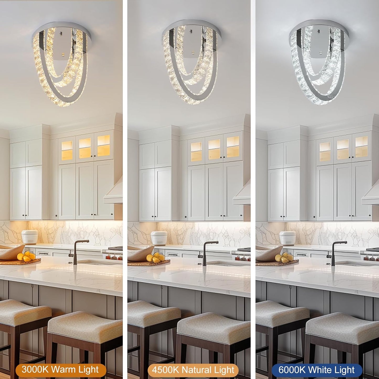 Modern LED Crystal Ceiling Light – Flush Mount Chandelier with 3 Color Modes (3000K/4500K/6000K). Elegant Pendant Fixture for Home