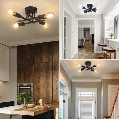 4 Light Vintage Semi-Flush Ceiling Light – Modern Black Chandelier with E27 Base for Farmhouse. Kitchen. Bedroom & Living Room