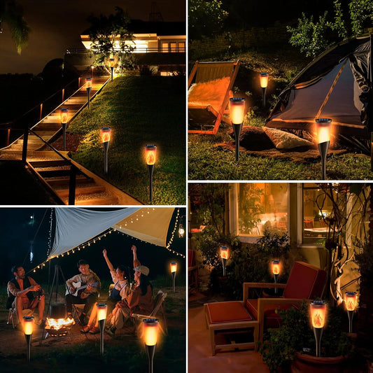 4 Pack Solar Torch Lights Outdoor Garden with Dancing Flames. Waterproof Auto On-Off. 2 Lighting Modes. IP65 Torch Decorations for Yard. Patio. Lawn