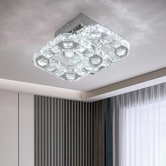 Crystal LED Ceiling Light Fixture. Square Flush Mount 3-Color Chandelier for Bedroom. Kitchen. Hallway