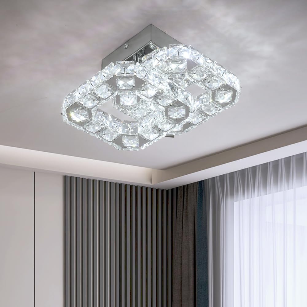 Crystal LED Ceiling Light Fixture. Square Flush Mount 3-Color Chandelier for Bedroom. Kitchen. Hallway