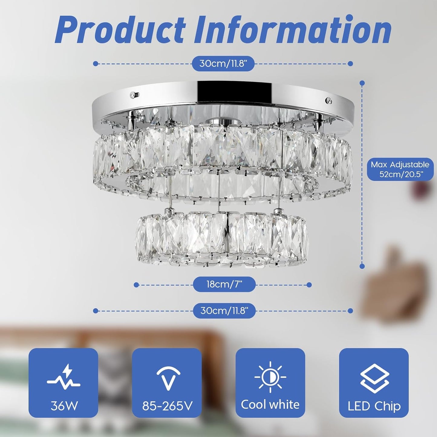 Modern Crystal LED Chandelier Flush Mount Ceiling Light 30cm 30W