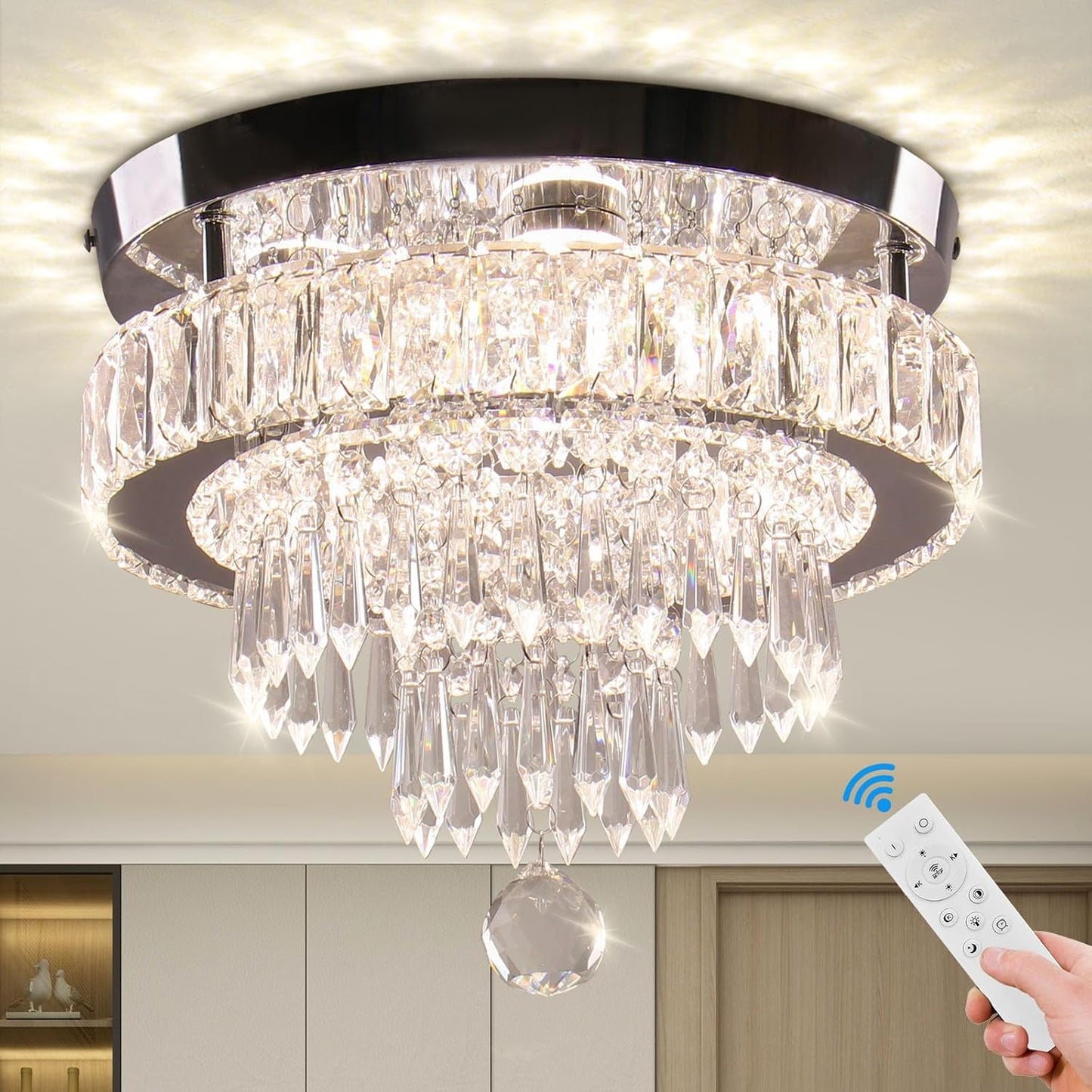 11.8 Modern Crystal LED Ceiling Chandelier Flush Mount with Remote