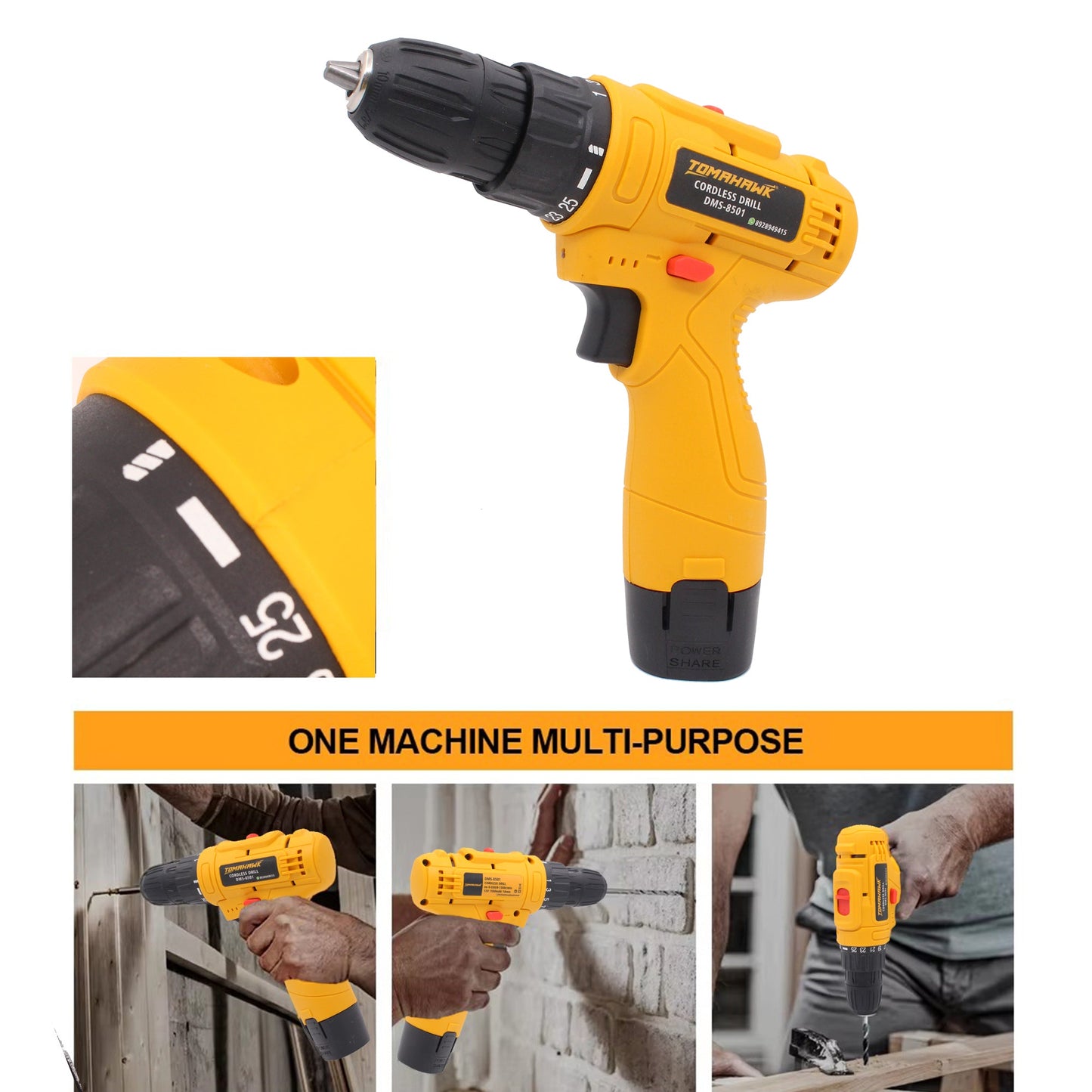 Cordless Drill/Screwdriver - 12V. 10mm Keyless Chuck. 2-Speed. Single Battery. 28Nm Torque - DMS-8501