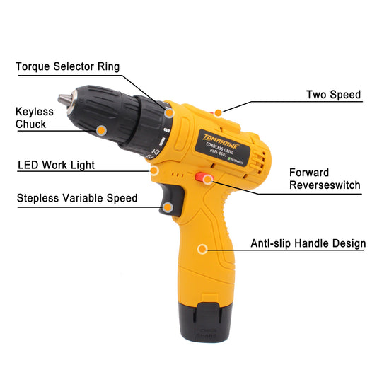 Cordless Drill/Screwdriver - 12V. 10mm Keyless Chuck. 2-Speed. Single Battery. 28Nm Torque - DMS-8501
